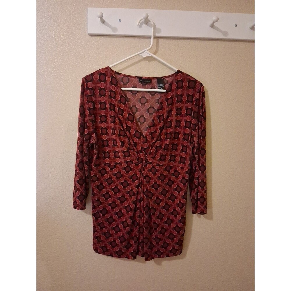 Womens M Red‎ Geometric Blouse L/S V-Neck Old Money Tomato Girl Party Indie Mod
